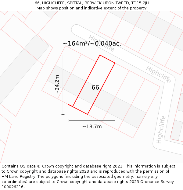66, HIGHCLIFFE, SPITTAL, BERWICK-UPON-TWEED, TD15 2JH: Plot and title map