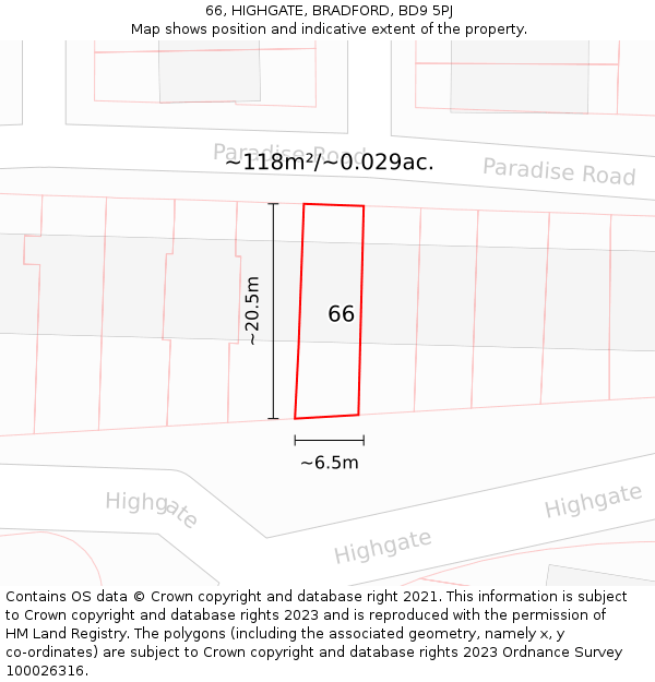 66, HIGHGATE, BRADFORD, BD9 5PJ: Plot and title map