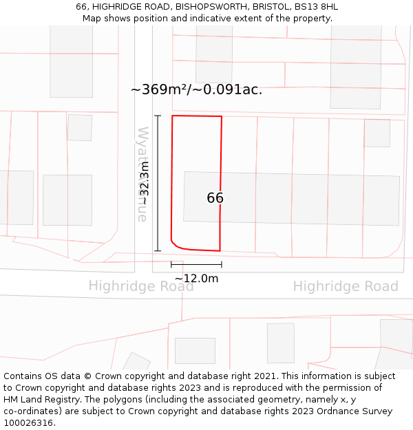 66, HIGHRIDGE ROAD, BISHOPSWORTH, BRISTOL, BS13 8HL: Plot and title map