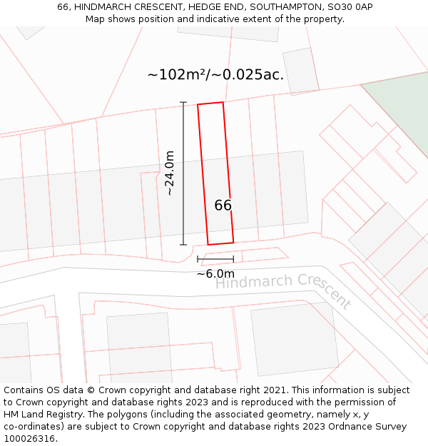 66, HINDMARCH CRESCENT, HEDGE END, SOUTHAMPTON, SO30 0AP: Plot and title map