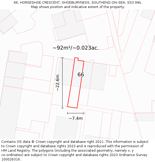 66, HORSESHOE CRESCENT, SHOEBURYNESS, SOUTHEND-ON-SEA, SS3 9WL: Plot and title map