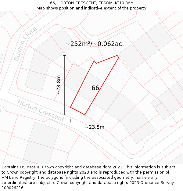66, HORTON CRESCENT, EPSOM, KT19 8AA: Plot and title map