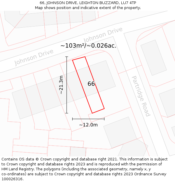 66, JOHNSON DRIVE, LEIGHTON BUZZARD, LU7 4TP: Plot and title map