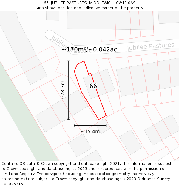 66, JUBILEE PASTURES, MIDDLEWICH, CW10 0AS: Plot and title map