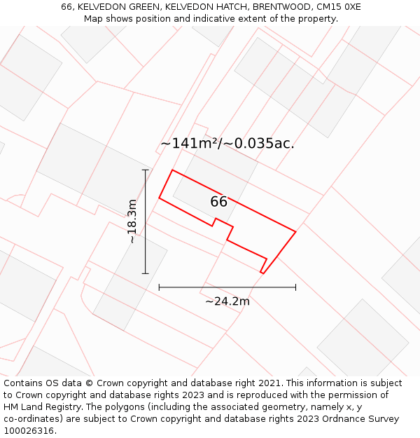 66, KELVEDON GREEN, KELVEDON HATCH, BRENTWOOD, CM15 0XE: Plot and title map