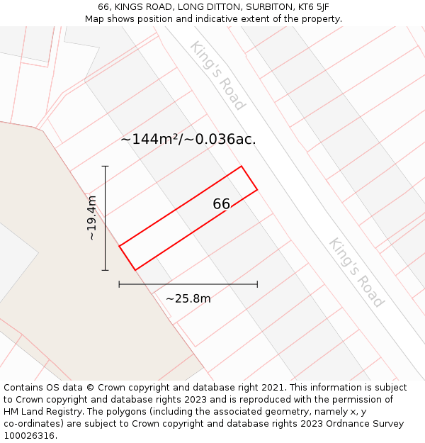 66, KINGS ROAD, LONG DITTON, SURBITON, KT6 5JF: Plot and title map
