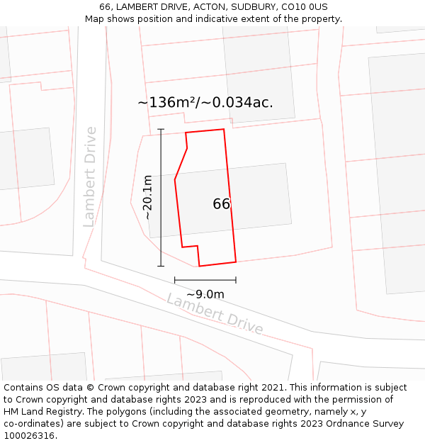 66, LAMBERT DRIVE, ACTON, SUDBURY, CO10 0US: Plot and title map