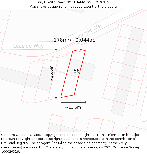 66, LEASIDE WAY, SOUTHAMPTON, SO16 3EN: Plot and title map