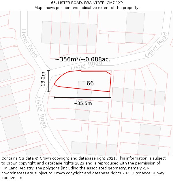 66, LISTER ROAD, BRAINTREE, CM7 1XP: Plot and title map