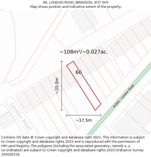 66, LONDON ROAD, BRANDON, IP27 0HY: Plot and title map