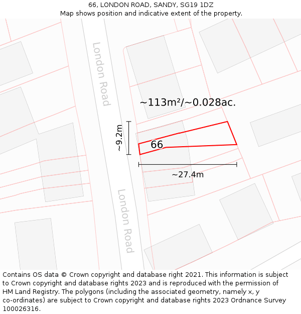 66, LONDON ROAD, SANDY, SG19 1DZ: Plot and title map