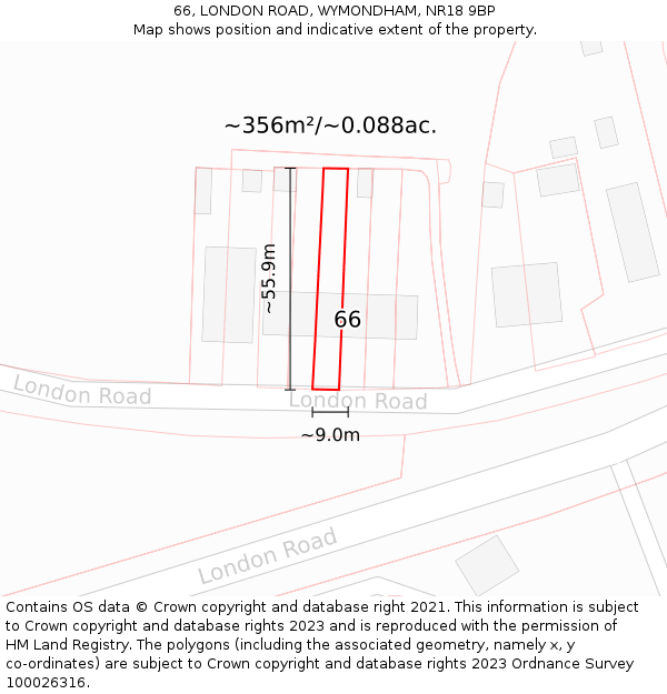 66, LONDON ROAD, WYMONDHAM, NR18 9BP: Plot and title map