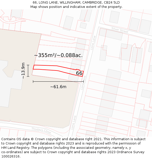 66, LONG LANE, WILLINGHAM, CAMBRIDGE, CB24 5LD: Plot and title map