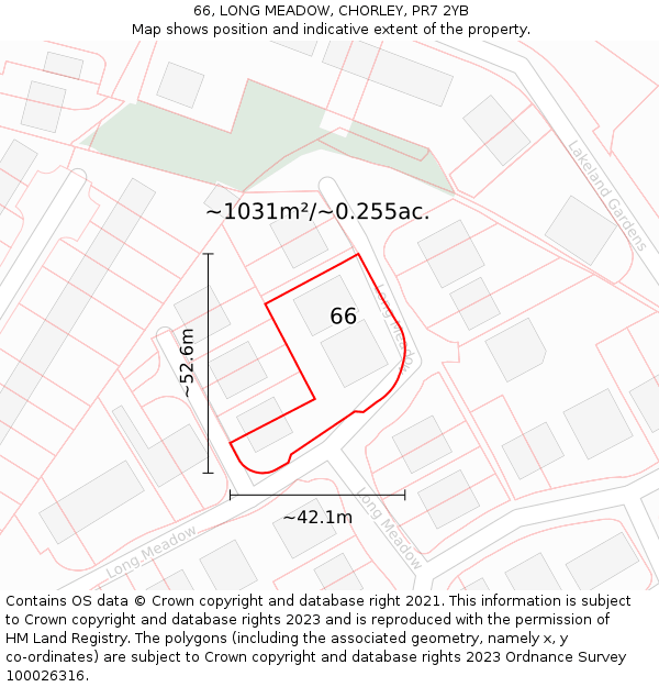66, LONG MEADOW, CHORLEY, PR7 2YB: Plot and title map