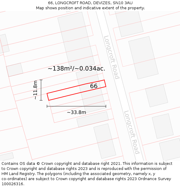66, LONGCROFT ROAD, DEVIZES, SN10 3AU: Plot and title map