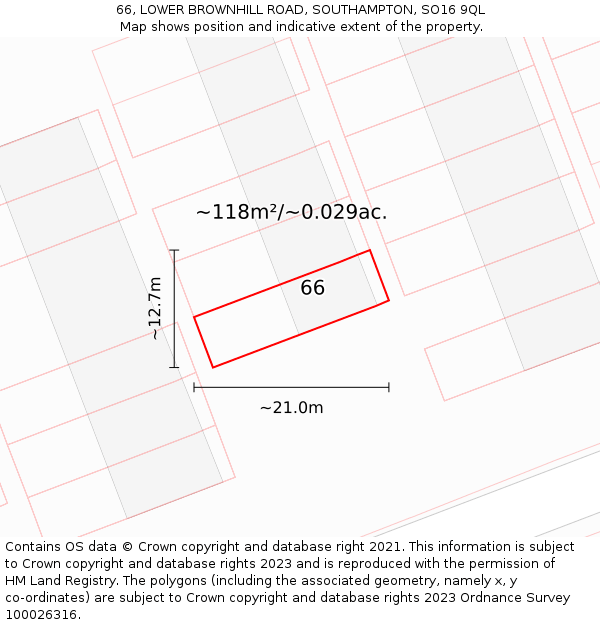 66, LOWER BROWNHILL ROAD, SOUTHAMPTON, SO16 9QL: Plot and title map
