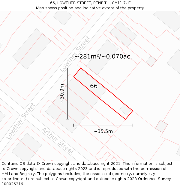 66, LOWTHER STREET, PENRITH, CA11 7UF: Plot and title map