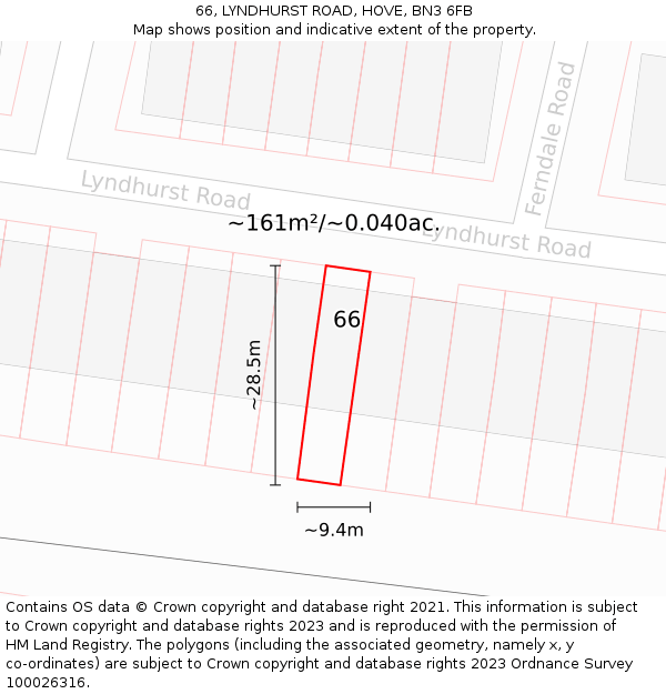 66, LYNDHURST ROAD, HOVE, BN3 6FB: Plot and title map