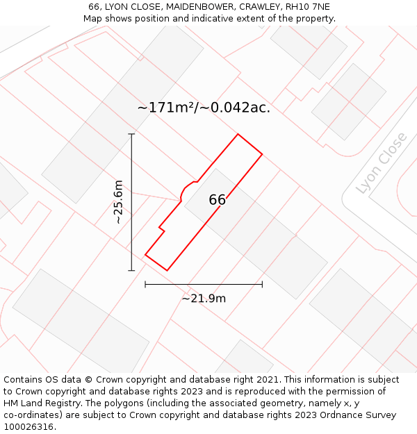 66, LYON CLOSE, MAIDENBOWER, CRAWLEY, RH10 7NE: Plot and title map