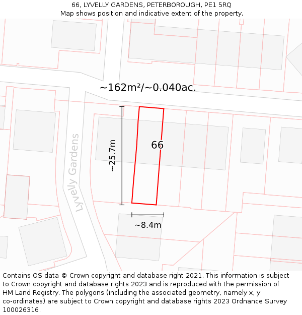 66, LYVELLY GARDENS, PETERBOROUGH, PE1 5RQ: Plot and title map