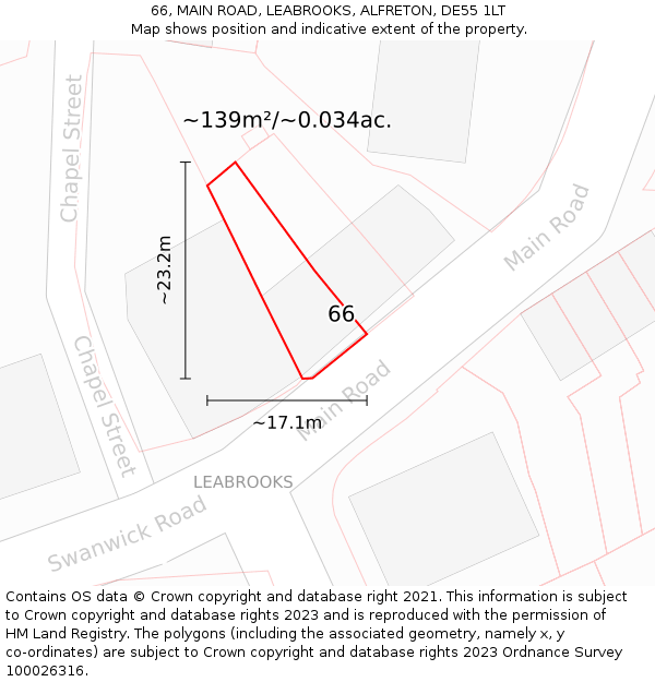 66, MAIN ROAD, LEABROOKS, ALFRETON, DE55 1LT: Plot and title map