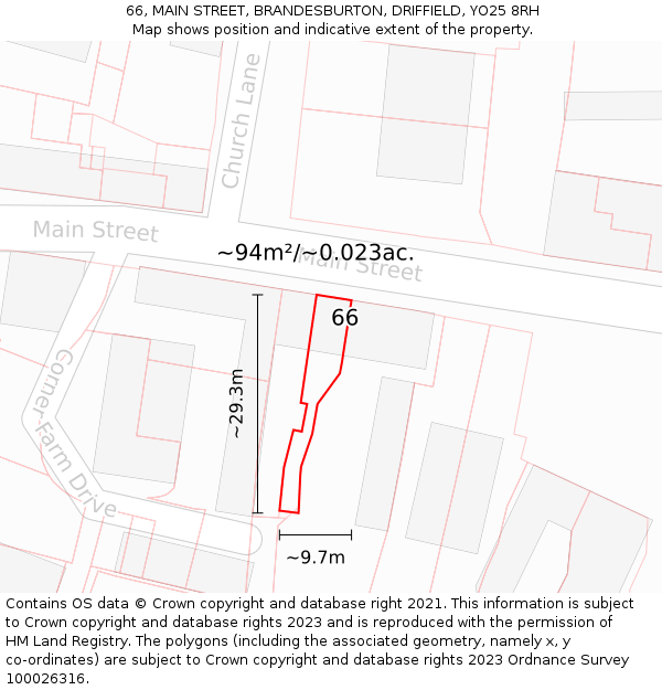 66, MAIN STREET, BRANDESBURTON, DRIFFIELD, YO25 8RH: Plot and title map