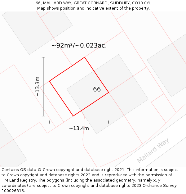 66, MALLARD WAY, GREAT CORNARD, SUDBURY, CO10 0YL: Plot and title map