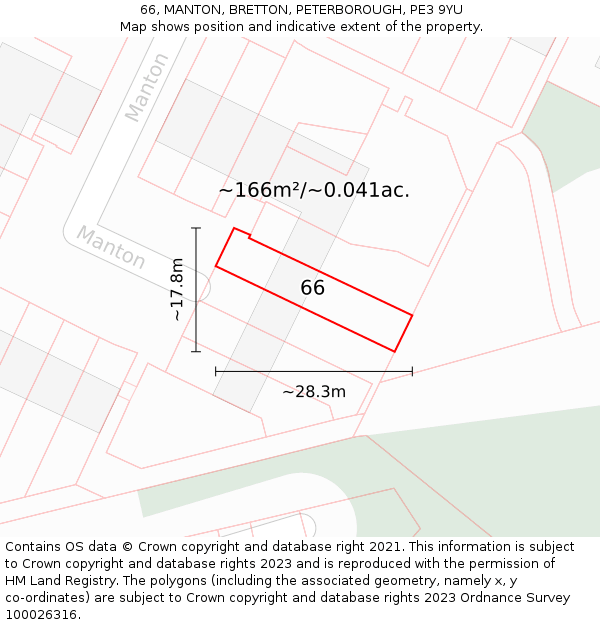 66, MANTON, BRETTON, PETERBOROUGH, PE3 9YU: Plot and title map