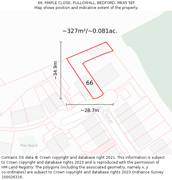 66, MAPLE CLOSE, PULLOXHILL, BEDFORD, MK45 5EF: Plot and title map