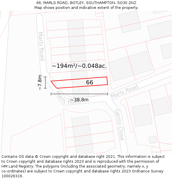 66, MARLS ROAD, BOTLEY, SOUTHAMPTON, SO30 2NZ: Plot and title map