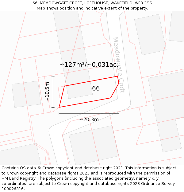 66, MEADOWGATE CROFT, LOFTHOUSE, WAKEFIELD, WF3 3SS: Plot and title map