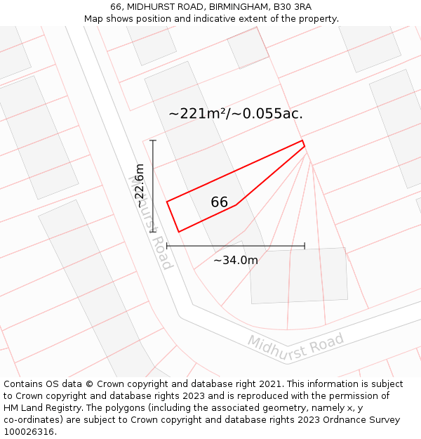 66, MIDHURST ROAD, BIRMINGHAM, B30 3RA: Plot and title map