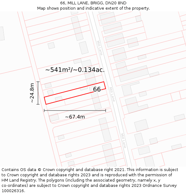 66, MILL LANE, BRIGG, DN20 8ND: Plot and title map