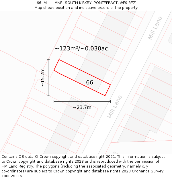 66, MILL LANE, SOUTH KIRKBY, PONTEFRACT, WF9 3EZ: Plot and title map