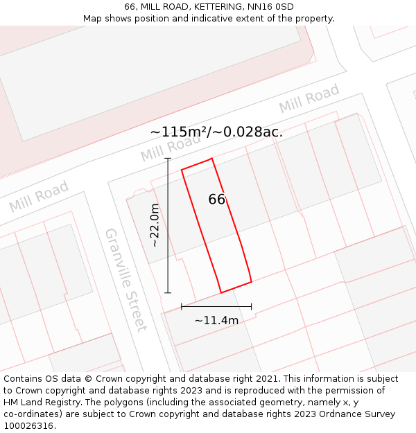 66, MILL ROAD, KETTERING, NN16 0SD: Plot and title map