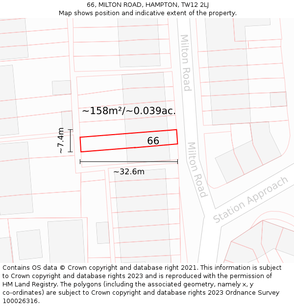 66, MILTON ROAD, HAMPTON, TW12 2LJ: Plot and title map