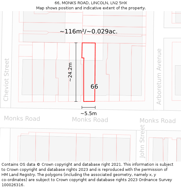 66, MONKS ROAD, LINCOLN, LN2 5HX: Plot and title map