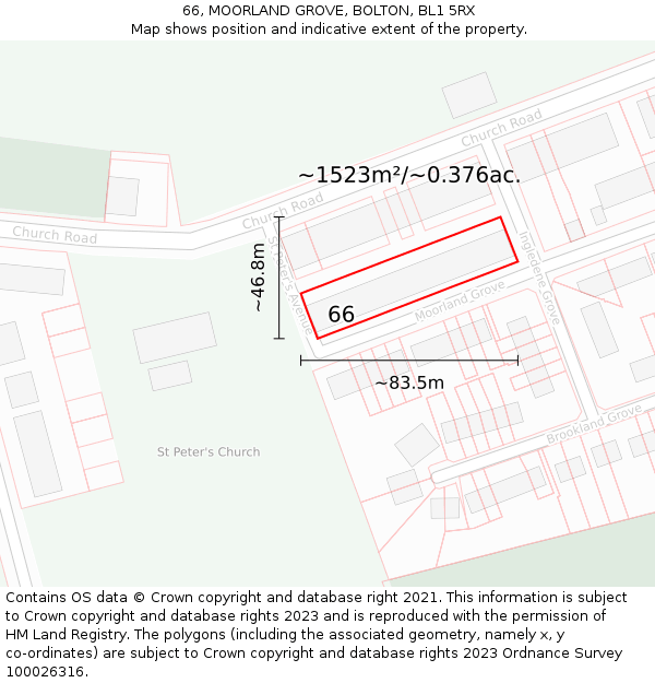 66, MOORLAND GROVE, BOLTON, BL1 5RX: Plot and title map