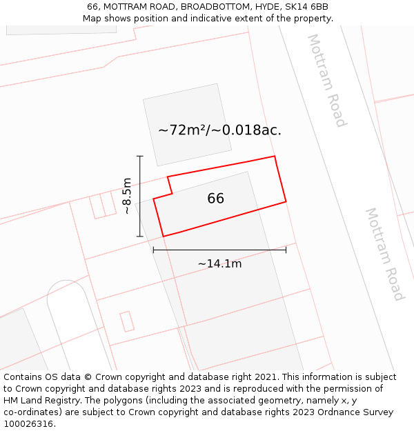 66, MOTTRAM ROAD, BROADBOTTOM, HYDE, SK14 6BB: Plot and title map