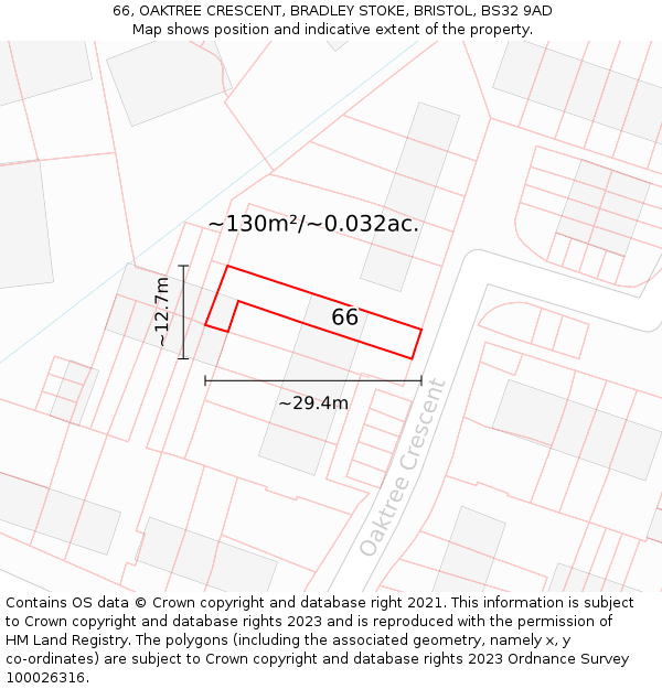 66, OAKTREE CRESCENT, BRADLEY STOKE, BRISTOL, BS32 9AD: Plot and title map