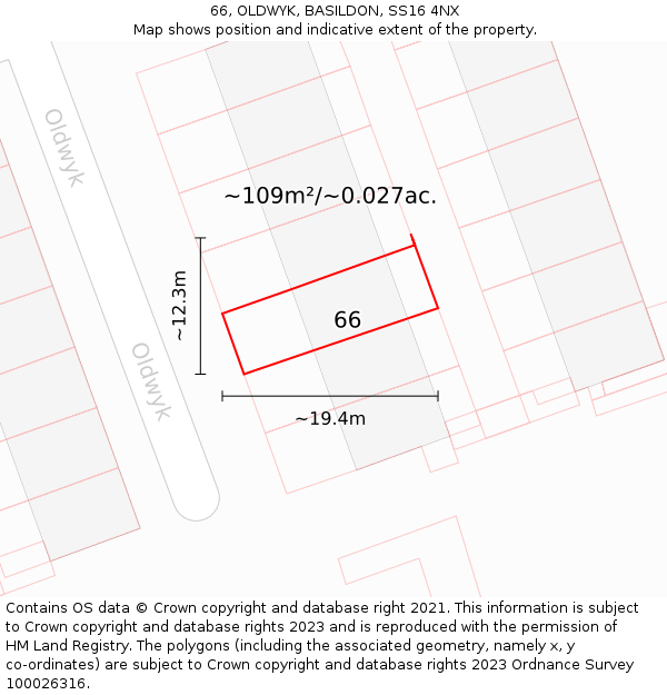 66, OLDWYK, BASILDON, SS16 4NX: Plot and title map