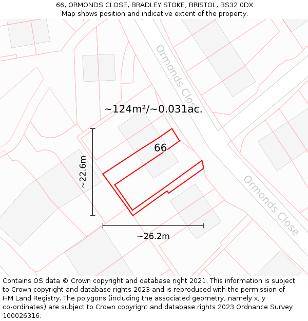 66, ORMONDS CLOSE, BRADLEY STOKE, BRISTOL, BS32 0DX: Plot and title map