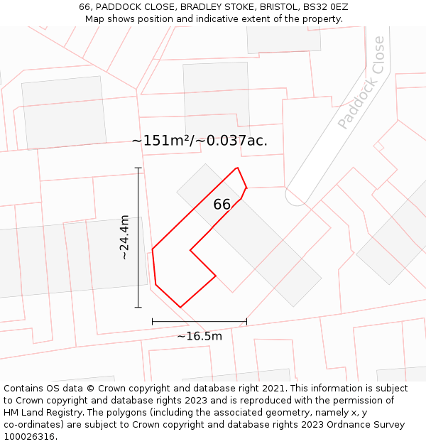 66, PADDOCK CLOSE, BRADLEY STOKE, BRISTOL, BS32 0EZ: Plot and title map