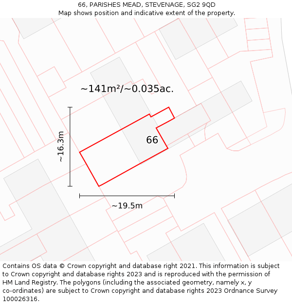 66, PARISHES MEAD, STEVENAGE, SG2 9QD: Plot and title map