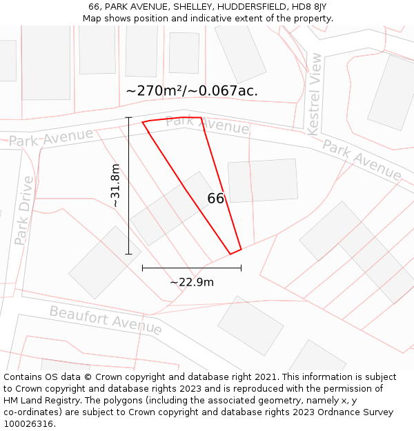 66, PARK AVENUE, SHELLEY, HUDDERSFIELD, HD8 8JY: Plot and title map