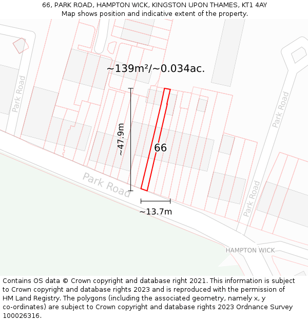 66, PARK ROAD, HAMPTON WICK, KINGSTON UPON THAMES, KT1 4AY: Plot and title map