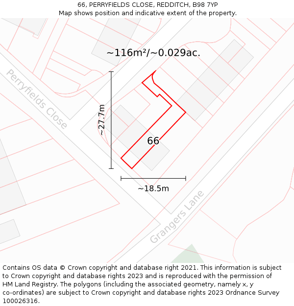 66, PERRYFIELDS CLOSE, REDDITCH, B98 7YP: Plot and title map