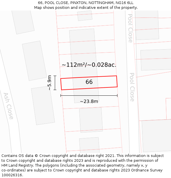 66, POOL CLOSE, PINXTON, NOTTINGHAM, NG16 6LL: Plot and title map