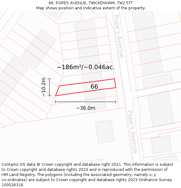 66, POPES AVENUE, TWICKENHAM, TW2 5TT: Plot and title map