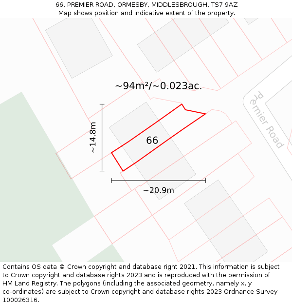 66, PREMIER ROAD, ORMESBY, MIDDLESBROUGH, TS7 9AZ: Plot and title map